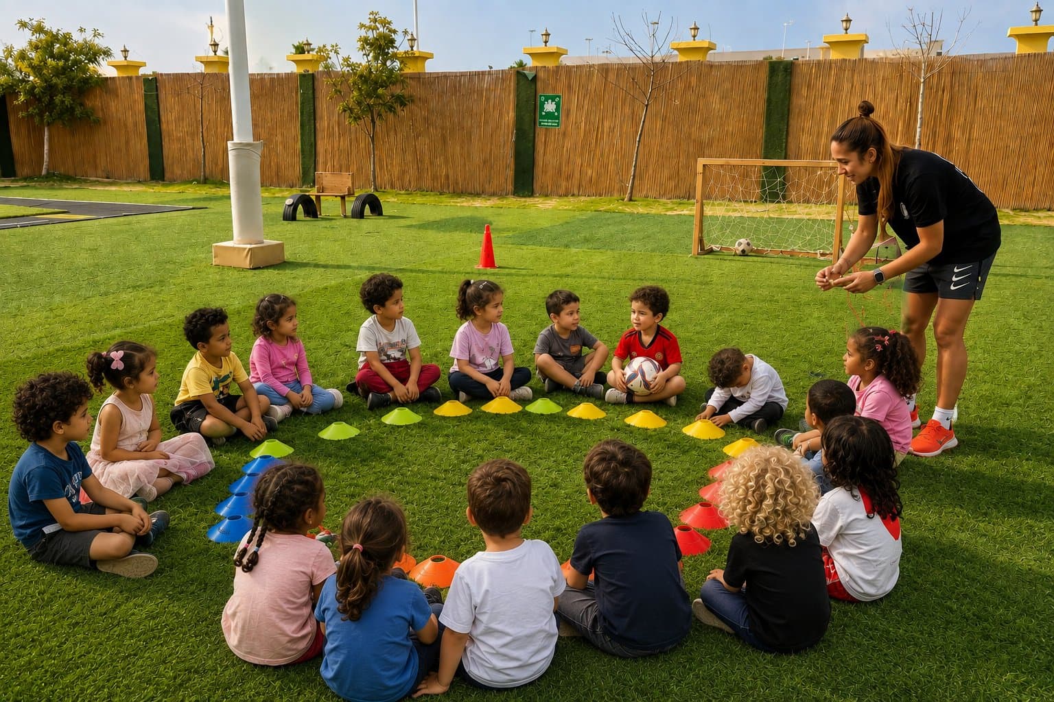 A Young Icons coach leading a nursery sports session with a circle of children