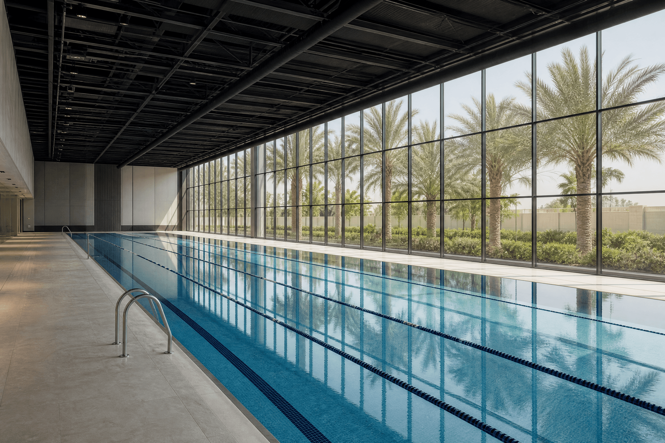 Empty indoor lap pool with windows and palm trees