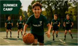 Children playing basketball in a school gymnasium