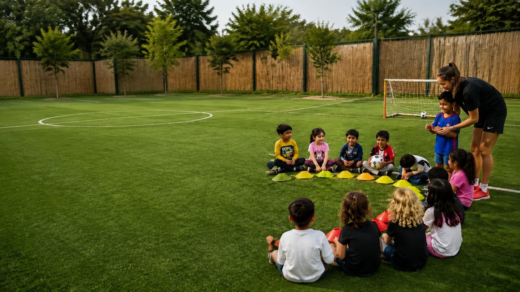 A Young Icons coach leading a nursery sports session with a circle of children