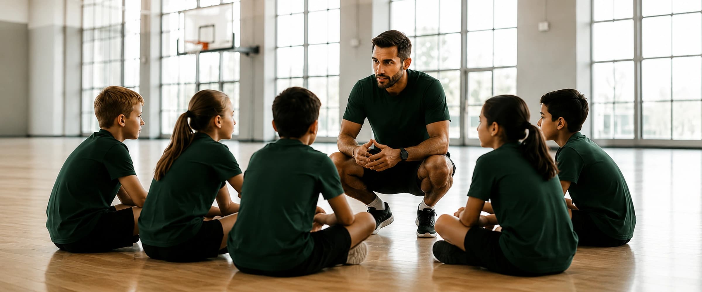 Young Icons coach kneeling and talking with a group of school children in an indoor sports hall